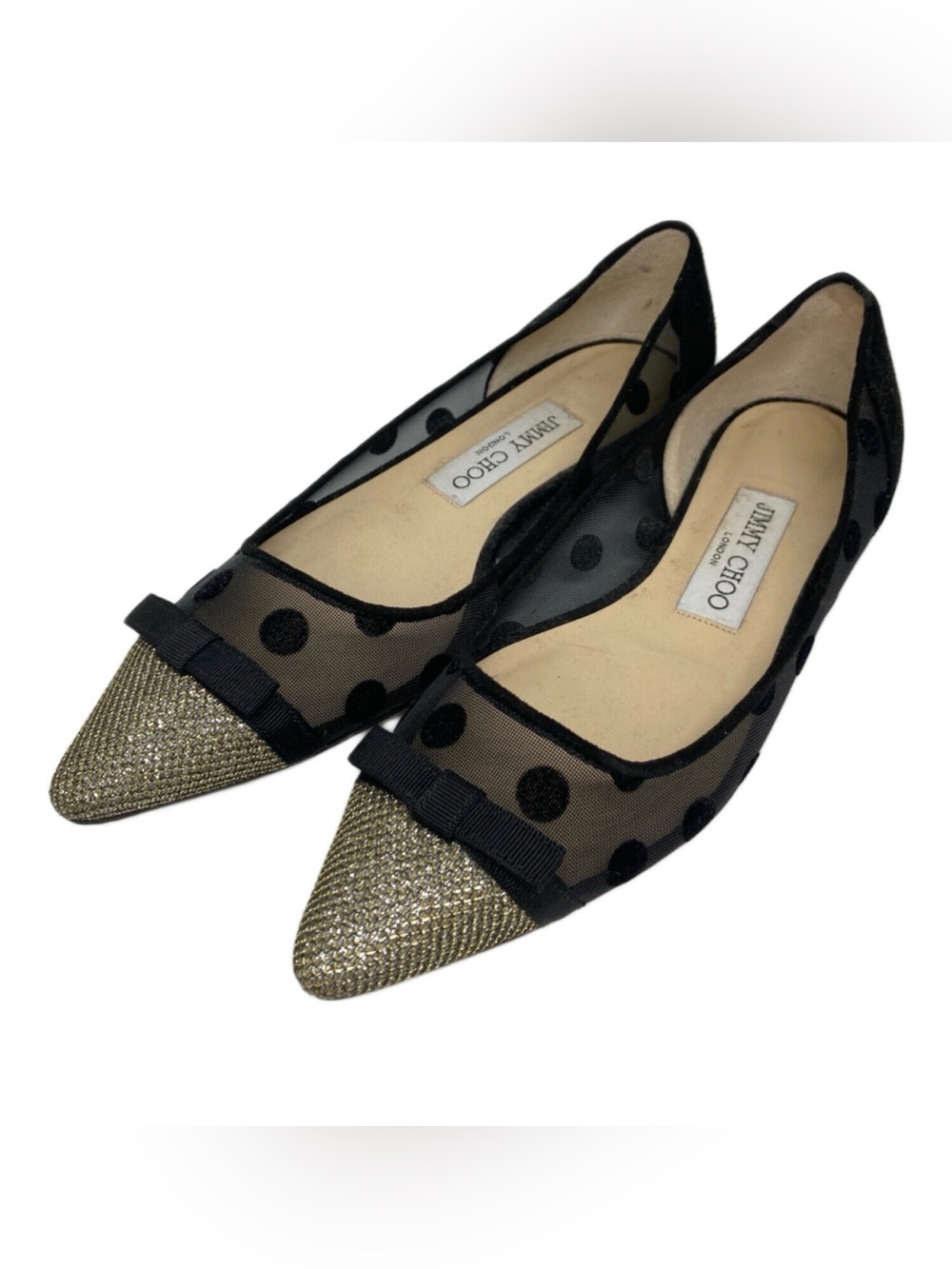 Jimmy Choo Pointed Toe Flats Size 40.5 Black Polka Dot Mesh Gold Cap Toe Ballet